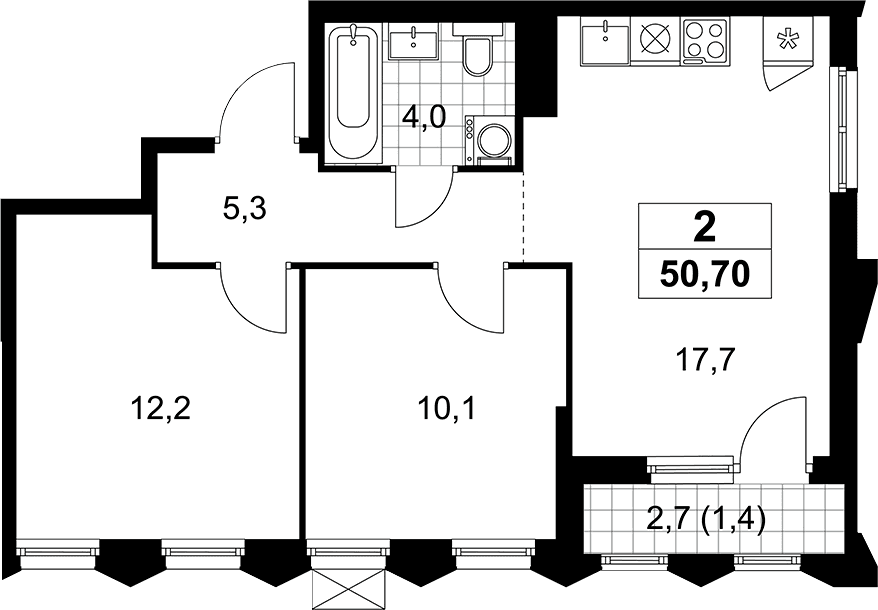 Планировка: Евротрёшка 49,3 м² в ЖК «Деснаречье»