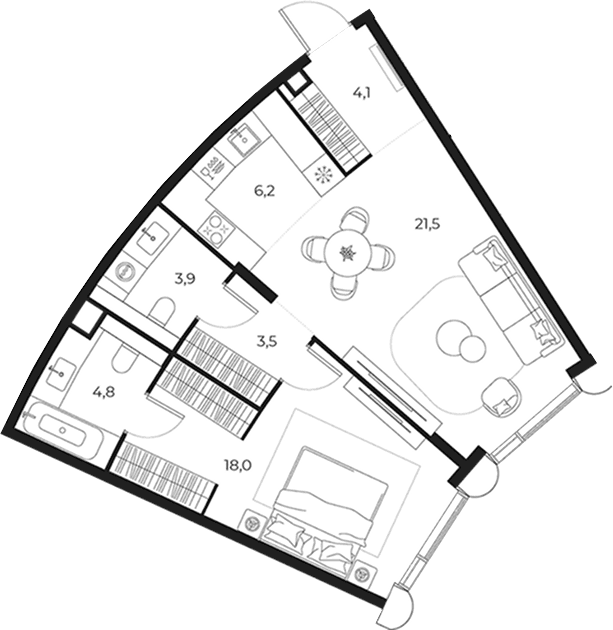 Планировка: Евродвушка 62 м² в ЖК «МАСТЕРС»