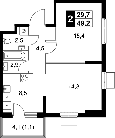 Планировка: Евродвушка 48,1 м² в ЖК «1-й Измайловский»