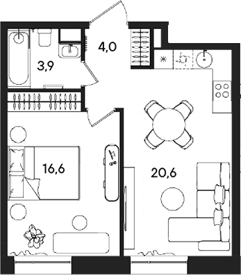 Планировка: Евродвушка 45,1 м² в ЖК «СТОУН Райз»