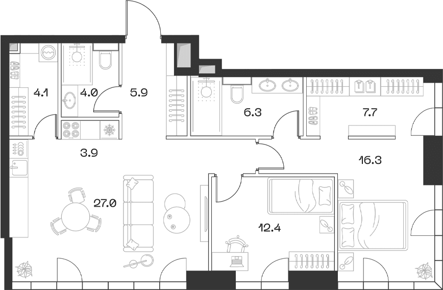 Планировка: Евротрёшка 87,6 м² в ЖК «SHIFT»
