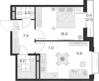 Планировка: Евродвушка 47,7 м² в ЖК «Михалевич»