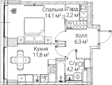 Планировка: 1-комнатная квартира 38,1 м² в ЖК «СЕЗАР БУДУЩЕЕ»