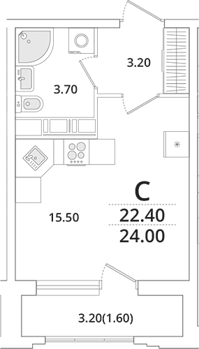 Планировка: Студия 22,7 м² в ЖК «Тайм Сквер»