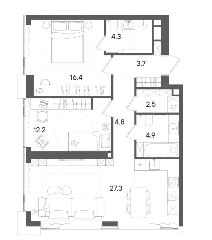 Планировка: Евротрёшка 76,6 м² в ЖК «СТОУН Грэйн»