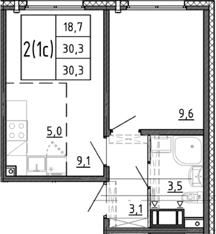 Планировка: 1-комнатная квартира 30,3 м² в ЖК «Ручьи 2»