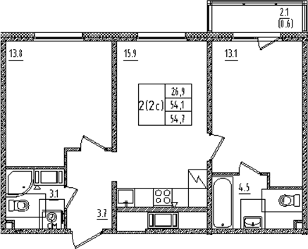 Планировка: Евротрёшка 54,1 м² в ЖК «Дыбенко парк»