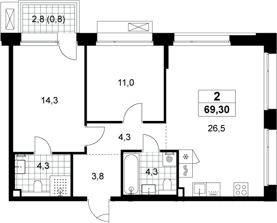 Планировка: Евротрёшка 68,5 м² в ЖК «Хольм»