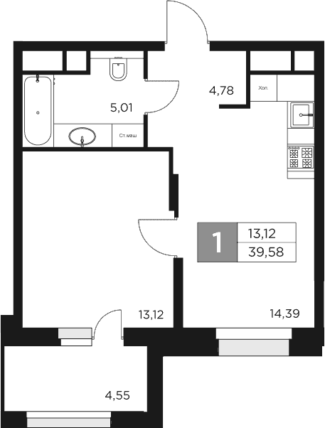 Планировка: 1-комнатная квартира 37,3 м² в ЖК «Восток 2»