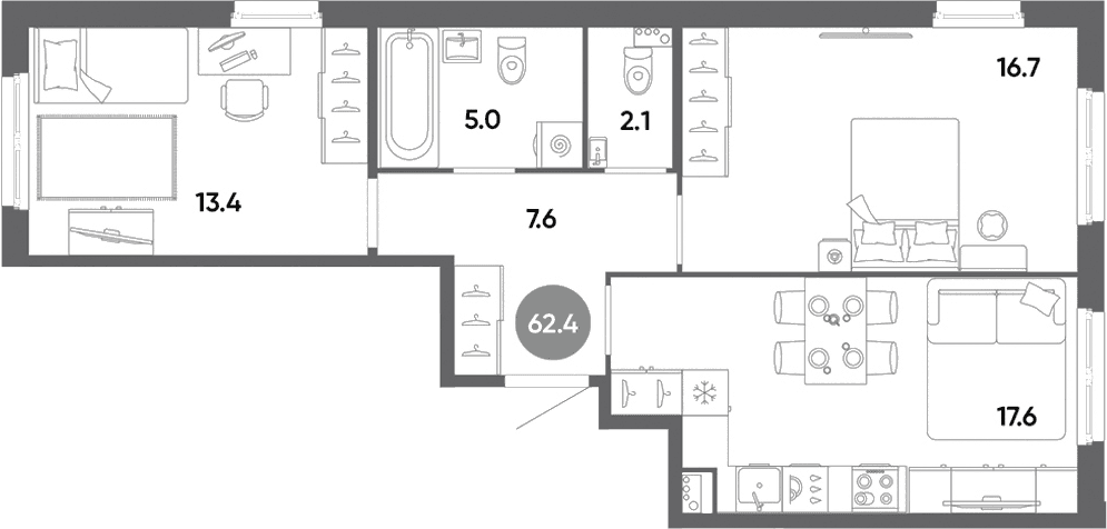 Планировка: Евротрёшка 62,4 м² в ЖК «Клюква.Парк»