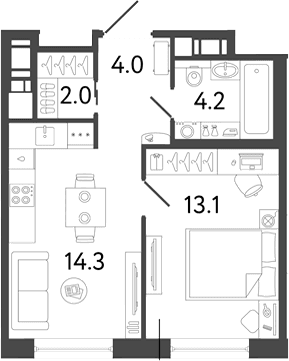 Планировка: 1-комнатная квартира 37,6 м² в ЖК «Передвижники 2»