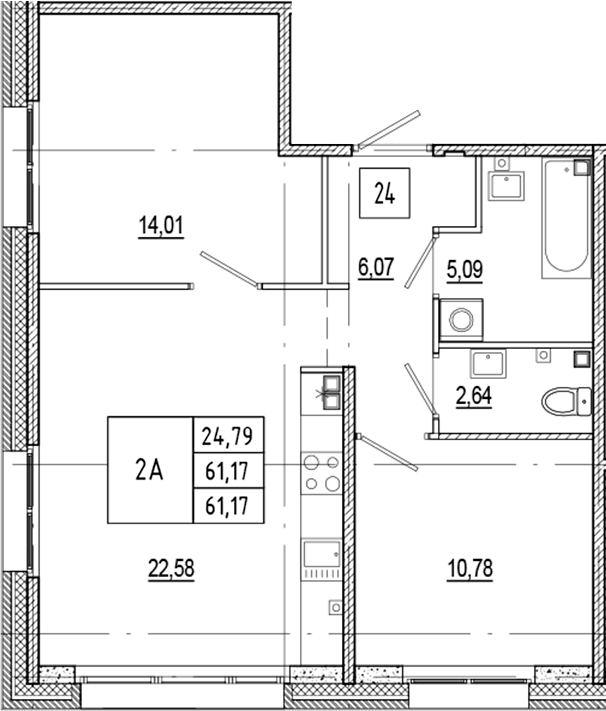 Планировка: Евротрёшка 61,2 м² в ЖК «Ranta Residence»