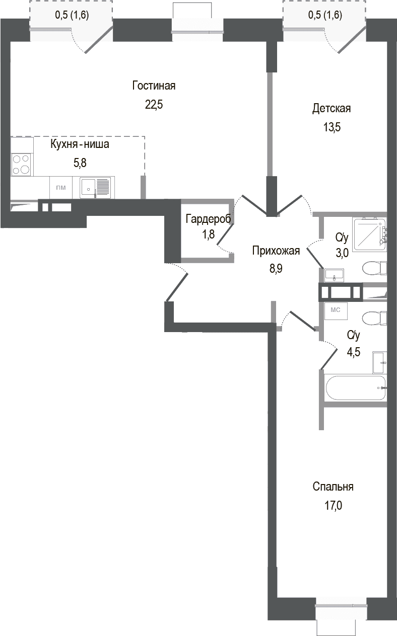 Планировка: Евротрёшка 77 м² в ЖК «Киноквартал»