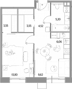 Планировка: Евродвушка 46,3 м² в ЖК «МЫС»