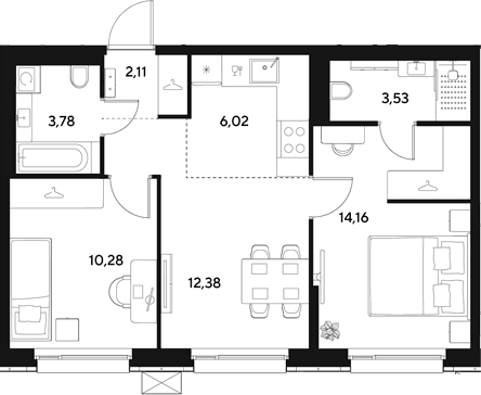 Планировка: Евротрёшка 52,3 м² в ЖК «ЭВО»