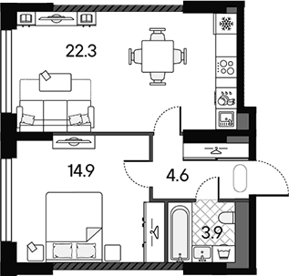 Планировка: Евродвушка 45,7 м² в ЖК «МАРК»