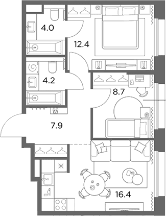 Планировка: 2-комнатная квартира 53,6 м² в ЖК «Станиславский»