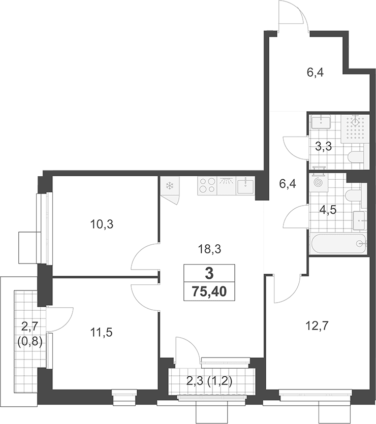 Планировка: Квартира евро-4 73,4 м² в ЖК «Южные сады»