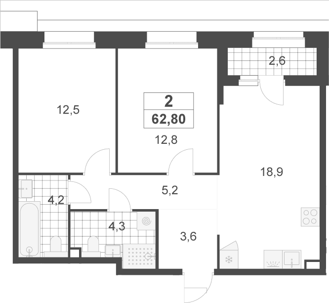 Планировка: Евротрёшка 61,5 м² в ЖК «Деснаречье»