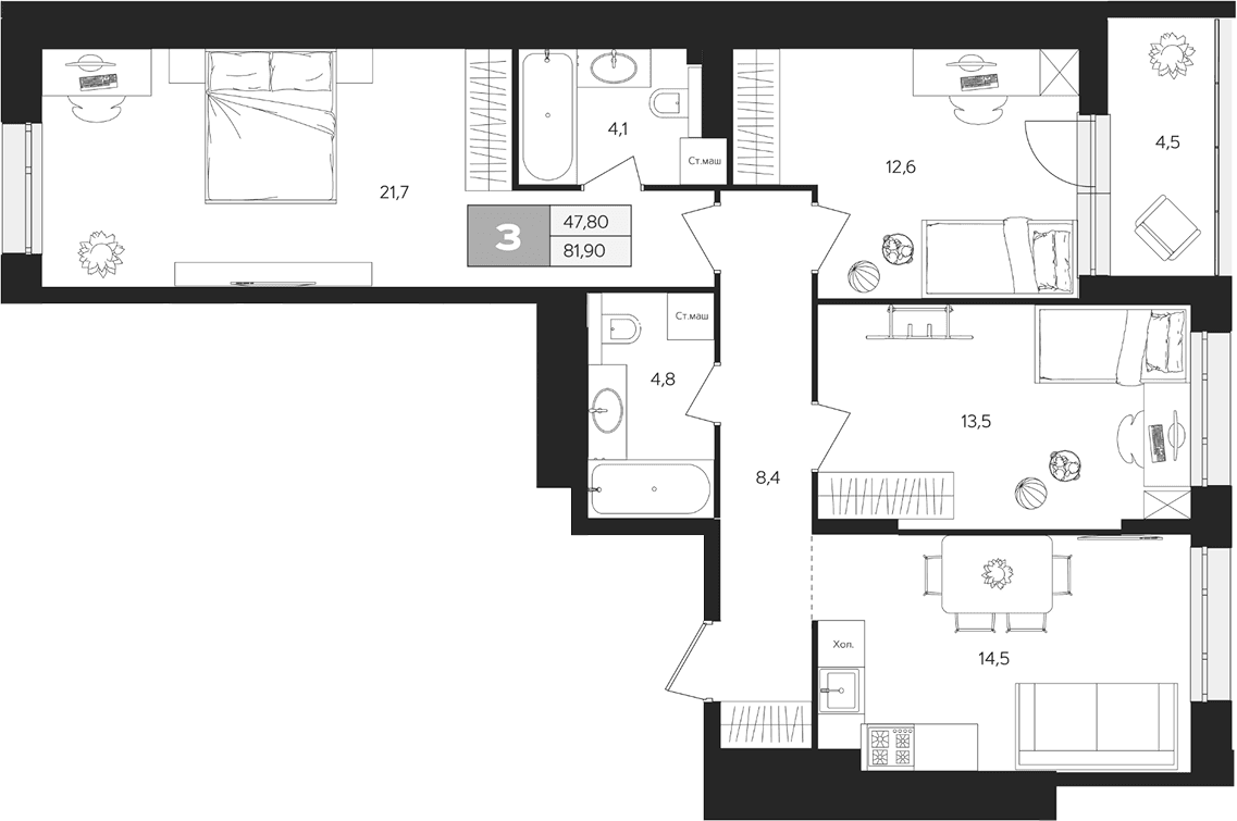 Планировка: 3-комнатная квартира 79,7 м² в ЖК «Ласточкино»