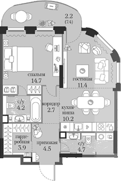 Планировка: 1-комнатная квартира 56,3 м² в ЖК «Муза»