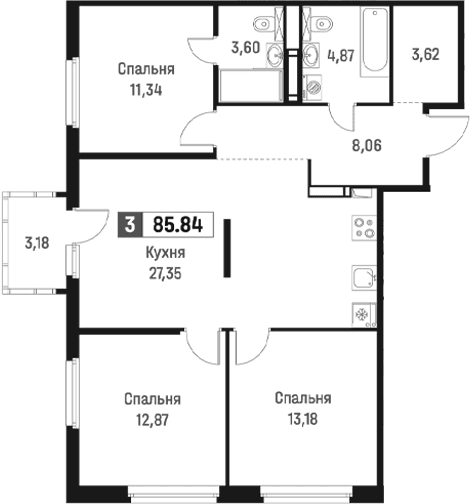 Планировка: Квартира евро-4 84,9 м² в ЖК «Максималист»
