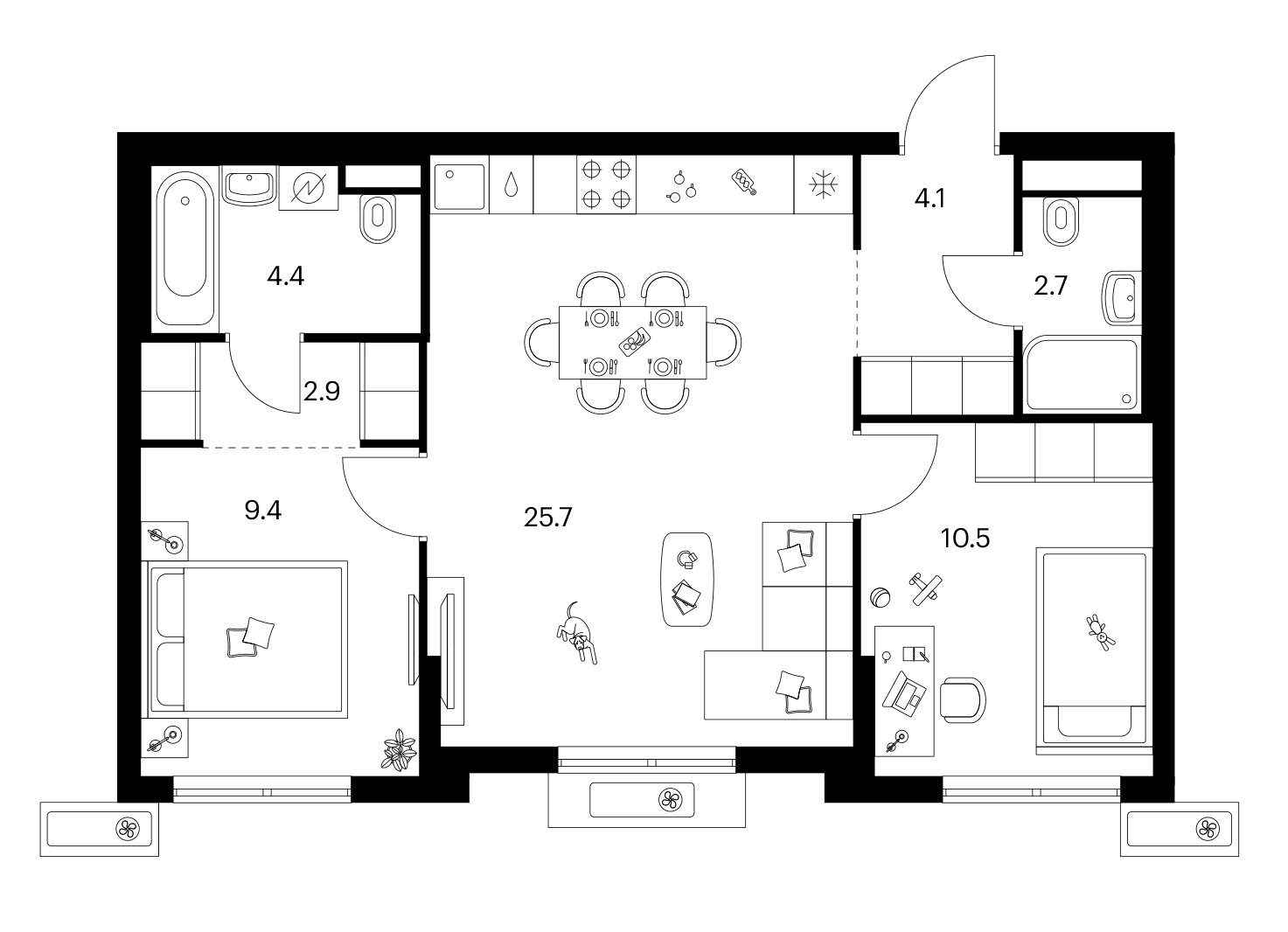 Планировка: 2-комнатная квартира 59,7 м² в ЖК «Ярославский»