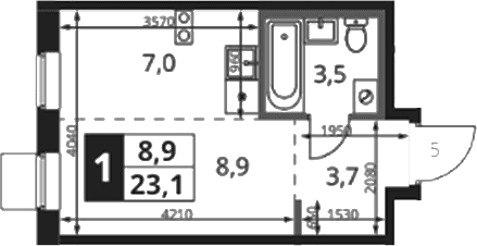 Планировка: Студия 23,7 м² в ЖК «1-й Ясеневский»