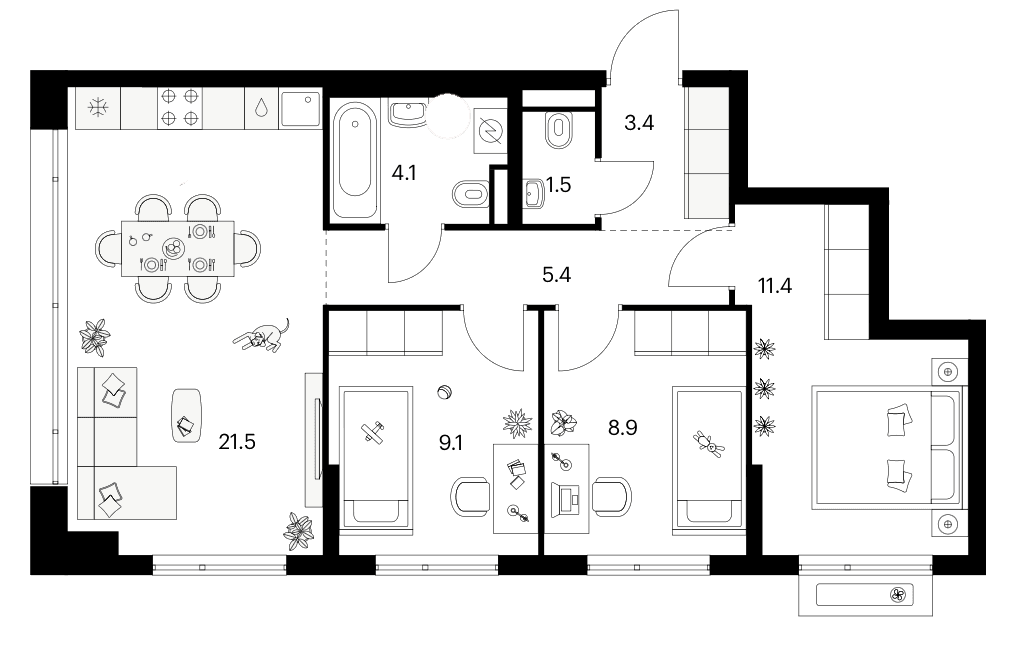 3-комнатная квартира