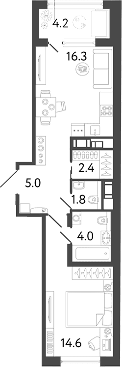 Планировка: 1-комнатная квартира 44,1 м² в ЖК «Передвижники 2»
