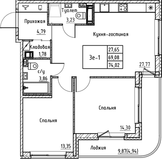 Планировка: Евротрёшка 69,1 м² в ЖК «Энфилд»