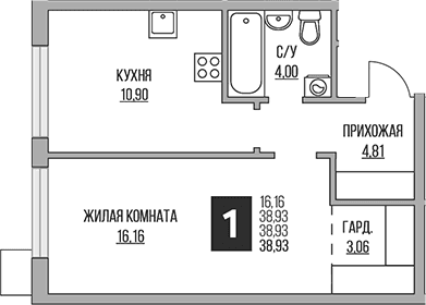 Планировка: 1-комнатная квартира 38,9 м² в ЖК «Гранель Притяжение Сити»
