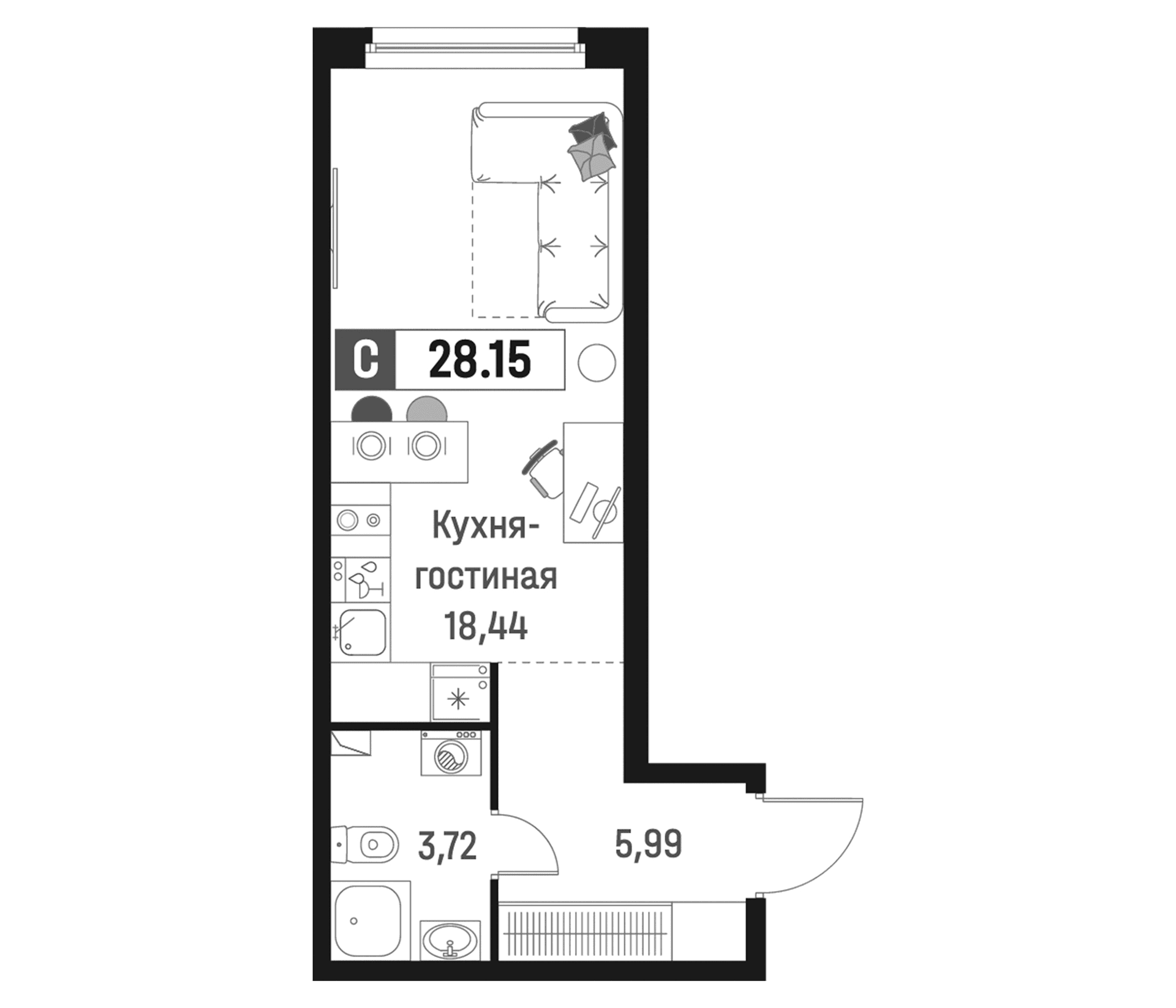 Планировка: Студия 28,2 м² в ЖК «Максималист»