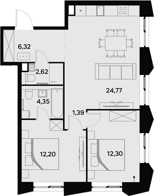 Планировка: Евротрёшка 64 м² в ЖК «УЛЬТИМА Сити»