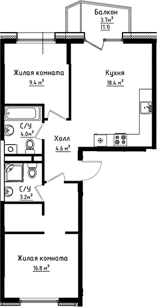 Планировка: 2-комнатная квартира 56,4 м² в ЖК «Коллекция»