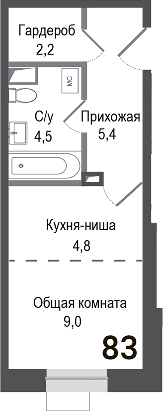 Планировка: Студия 25,9 м² в ЖК «Киноквартал»