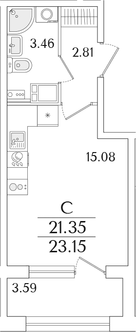 Планировка: Студия 21,4 м² в ЖК «Аурум»