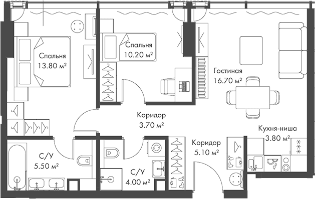 Планировка: Евротрёшка 62,8 м² в ЖК «Слава»