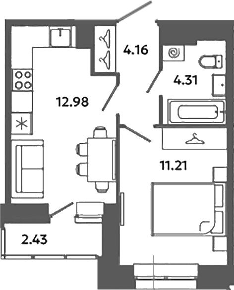 Планировка: 1-комнатная квартира 32,7 м² в ЖК «Загляденье»