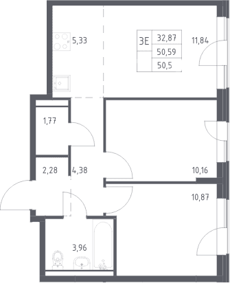 Планировка: Евротрёшка 50,6 м² в ЖК «Прибрежный Парк»