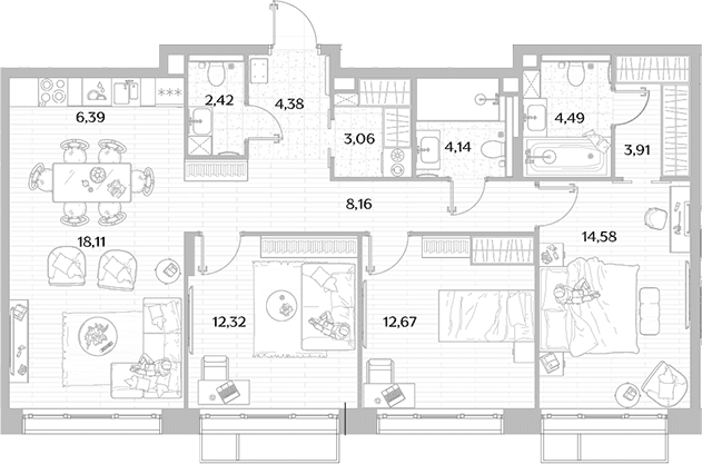 Планировка: Квартира евро-4 94,6 м² в ЖК «МЫС»
