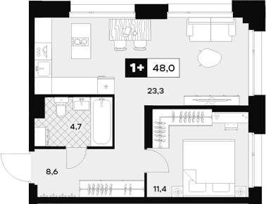Планировка: 1-комнатная квартира 48 м² в ЖК «ЮТУ»