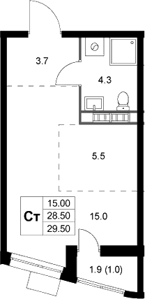 Планировка: Студия 28,5 м² в ЖК «Легенда Коренево»