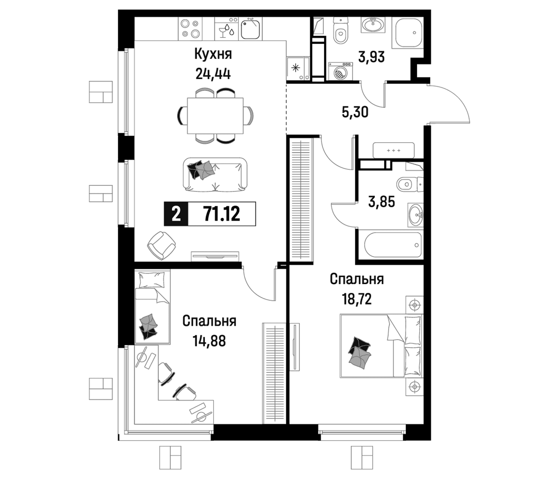 Планировка: Евротрёшка 71,1 м² в ЖК «Максималист»