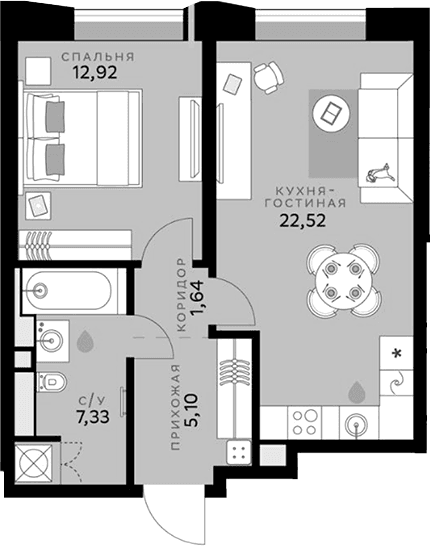 Планировка: Евродвушка 49,5 м² в ЖК «СберСити»