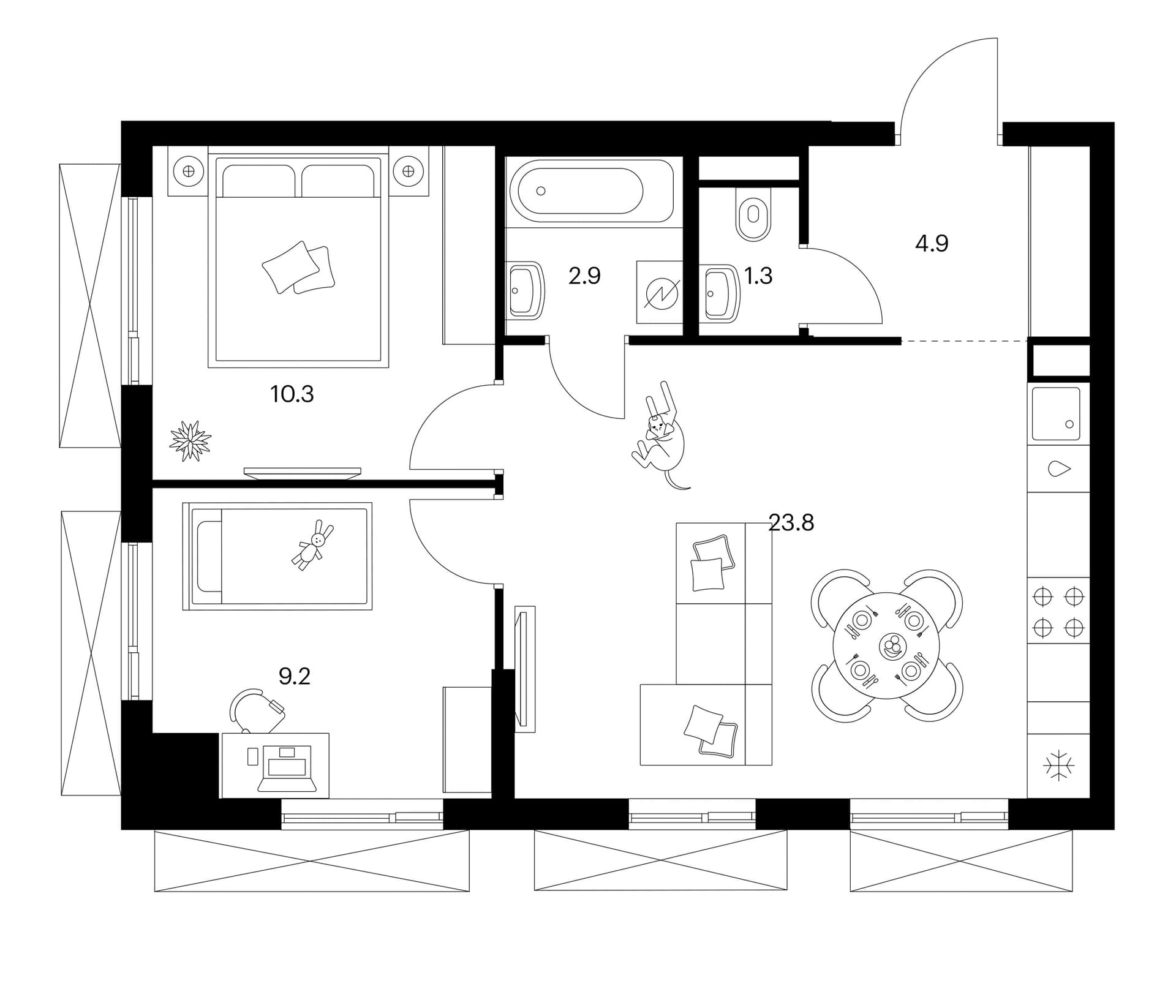 Планировка: 2-комнатная квартира 52,4 м² в ЖК «Мичуринский парк»