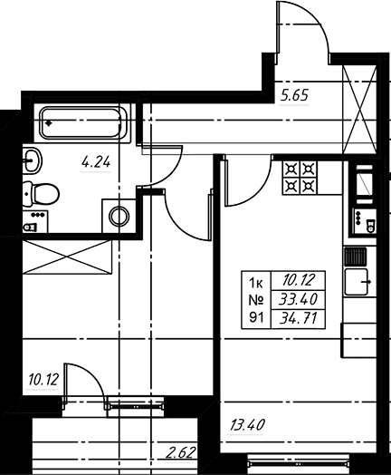 Планировка: Евродвушка 33,5 м² в ЖК «Огоньки»