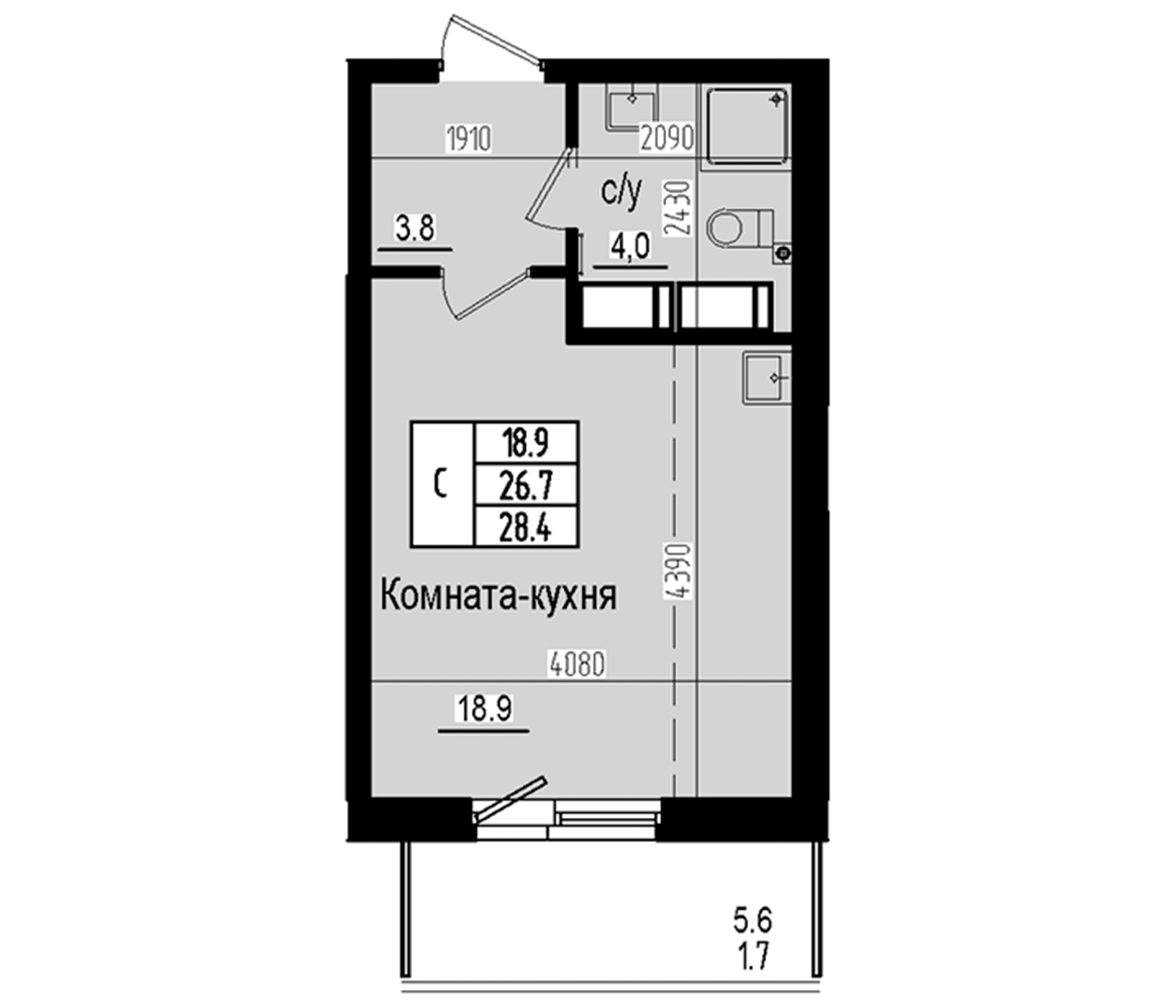 Планировка: Студия 26,7 м² в ЖК «Прагма Сити»