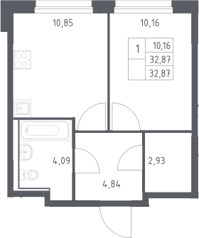 Планировка: 1-комнатная квартира 32,9 м² в ЖК «Прибрежный Парк»