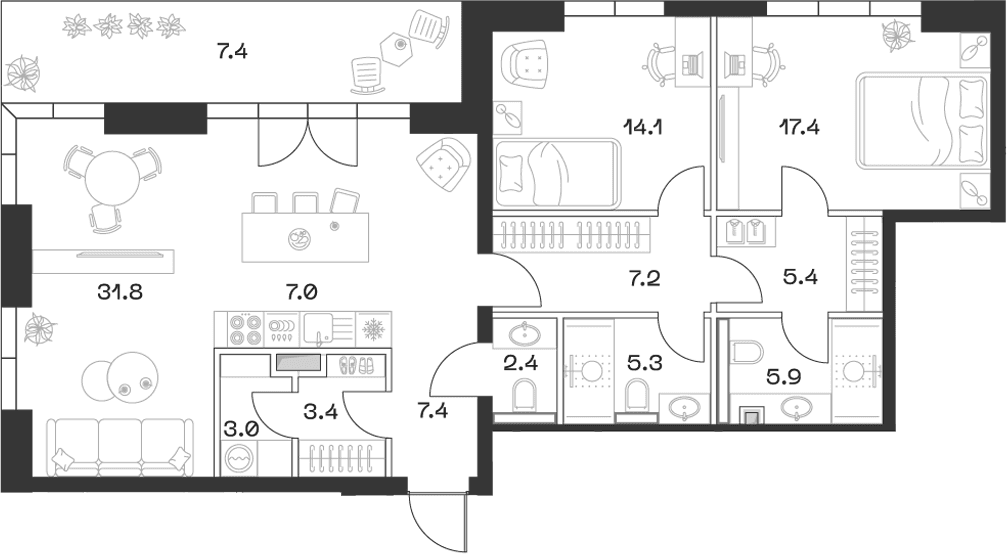 Планировка: Евротрёшка 110,3 м² в ЖК «SHIFT»